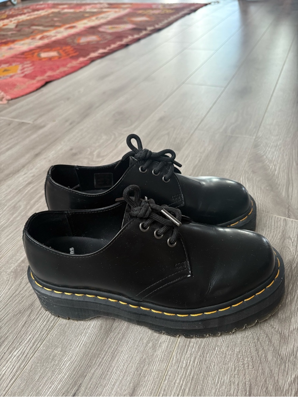 Dr. Martens Black Leather Lace-Up Oxfords with Yellow Stitching